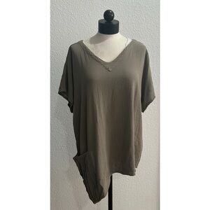 OH MY GAUZE Asymmetrical Lagenlook Pocket Blouse Top Size 3 / XXL Gray V-Neck